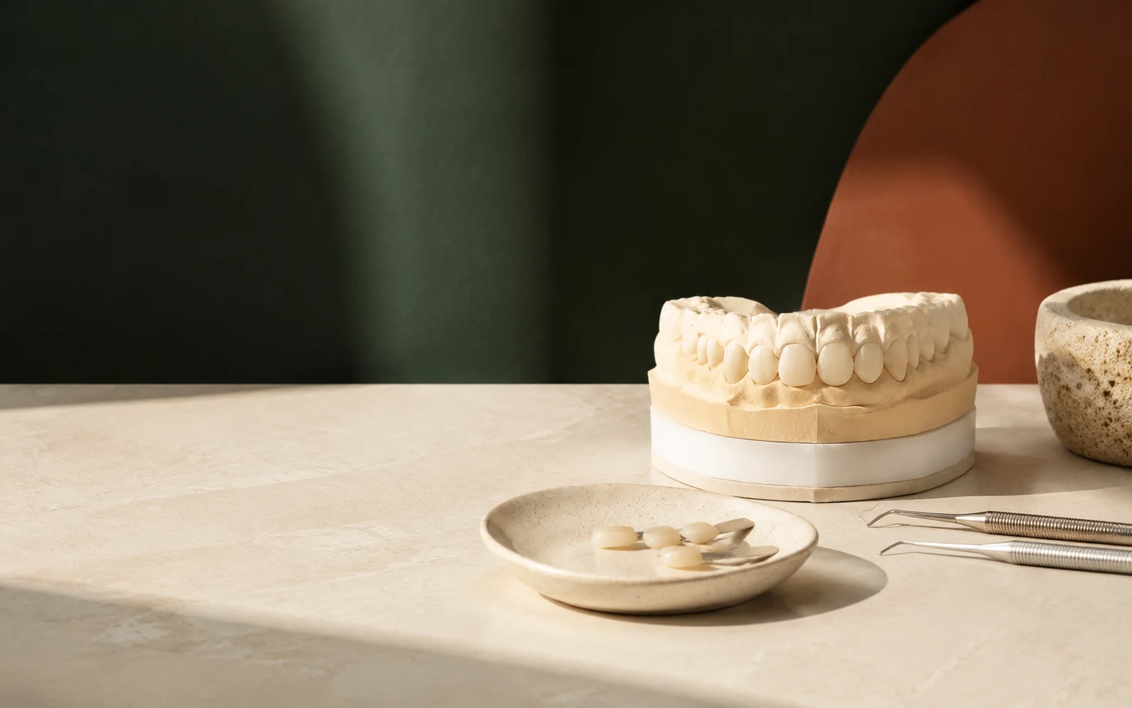 Modelo odontológico e materiais de restauração em composição editorial